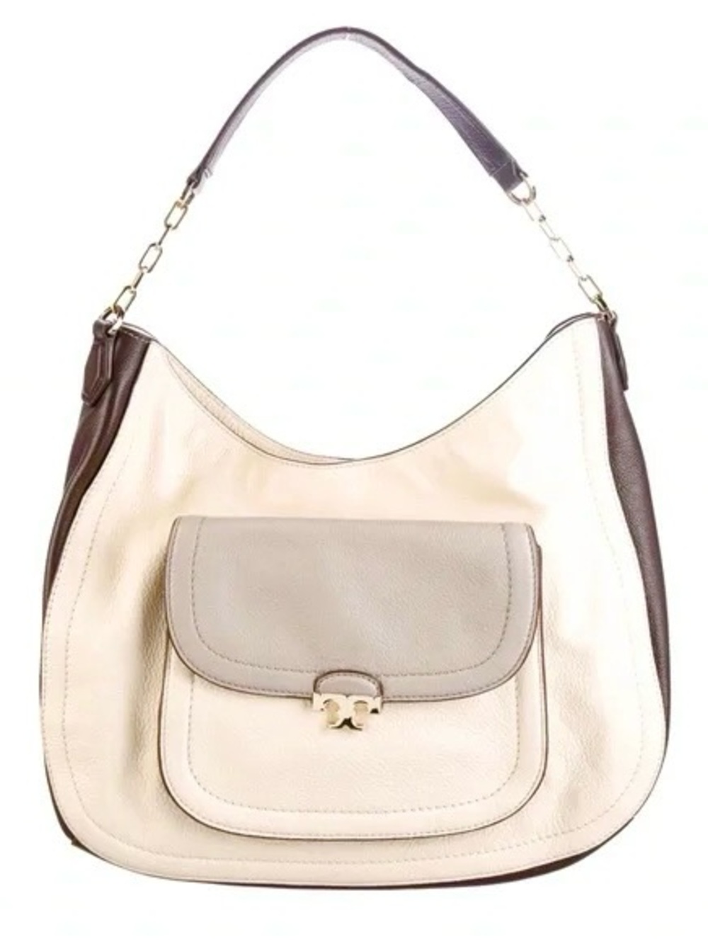 Tory Burch Sammy Large Cream Brown Grey Leather Shoulder Hobo with Front Pocket